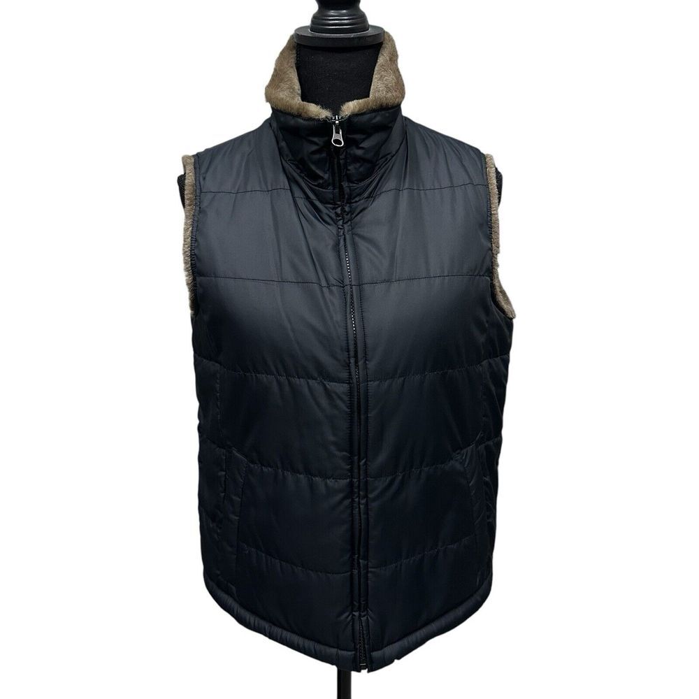 Eddie Bauer Vest Black Faux Fur Collar‎ & Lining Women's Size Small Full Zip